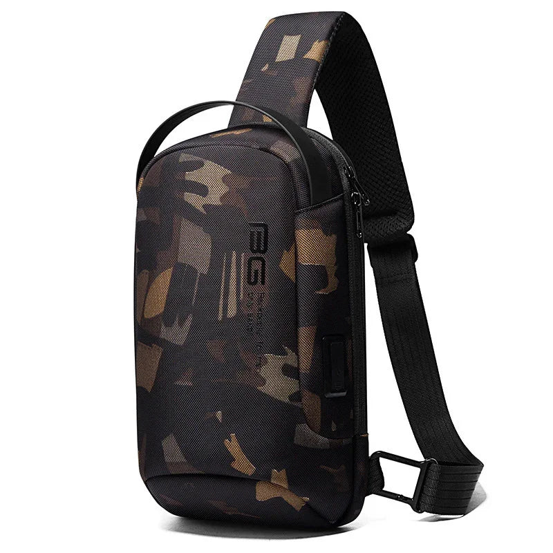 Dark camouflage-patterned sling backpack with adjustable strap and zippered compartments