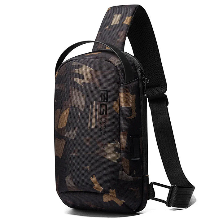 Dark camouflage-patterned sling backpack with adjustable strap and zippered compartments