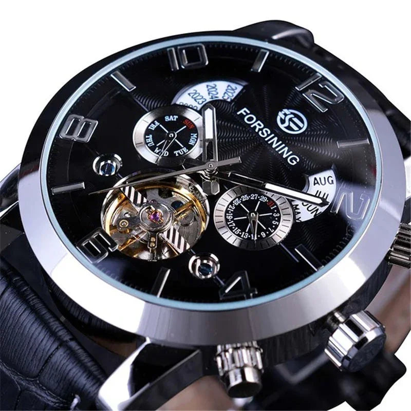 Forsining men's black dial wristwatch with visible tourbillon, date, day, and month subdials, silver case and black leather strap