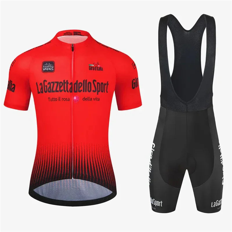 Red Giro d'Italia cycling jersey and black bib shorts set, La Gazzetta dello Sport logos