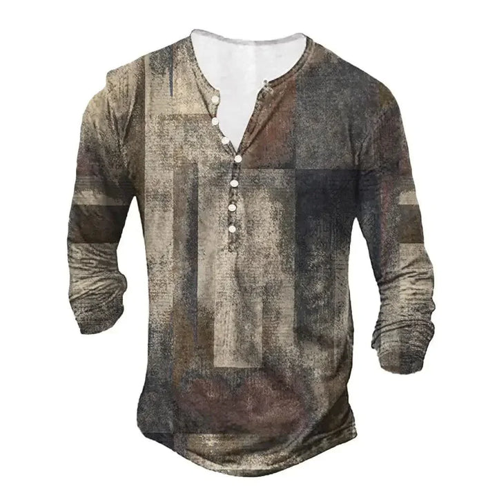 Long sleeve henley shirt with geometric patchwork design in earthy tones