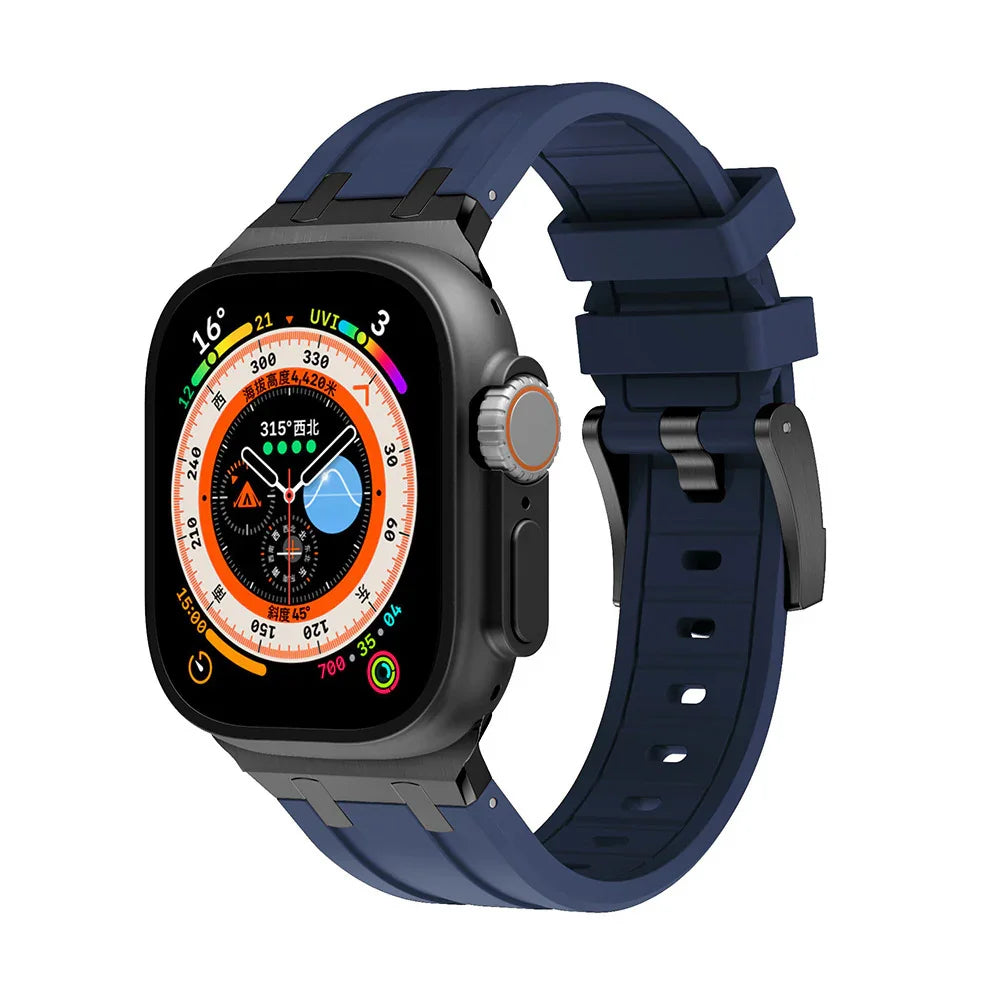 Black smartwatch with blue silicone band and colorful digital compass display on screen