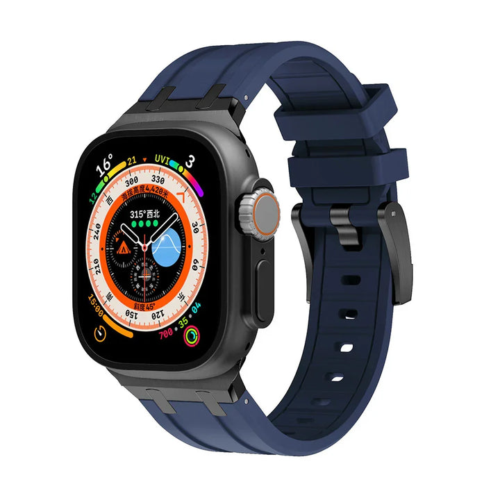 Black smartwatch with blue silicone band and colorful digital compass display on screen