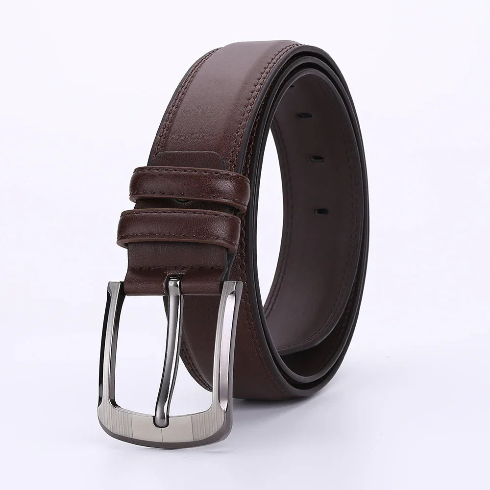 Classic brown leather men's belt with silver metal buckle on white background