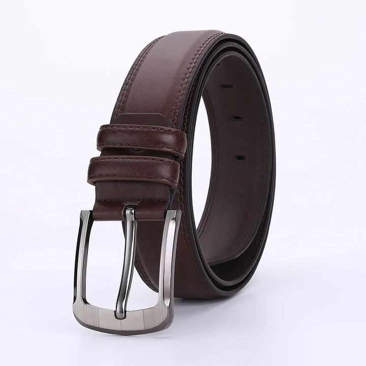 Classic brown leather men's belt with silver metal buckle on white background