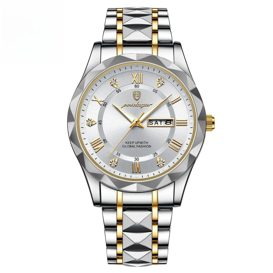 Luxury silver and gold wristwatch with diamond markers and day-date display on white dial