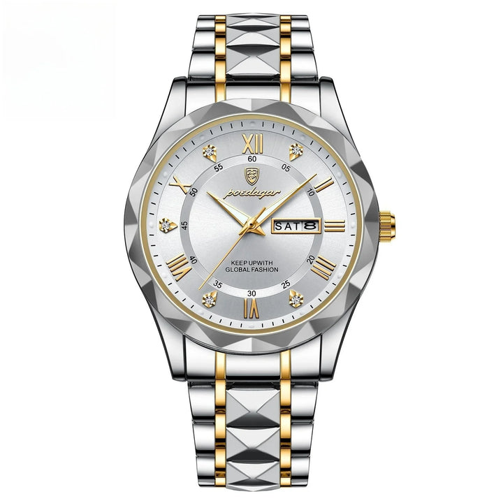 Luxury silver and gold wristwatch with diamond markers and day-date display on white dial