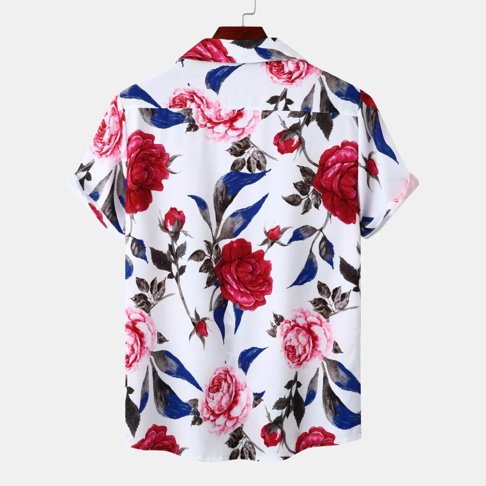 White short-sleeve shirt with red and pink rose floral print and blue leaves on hanger