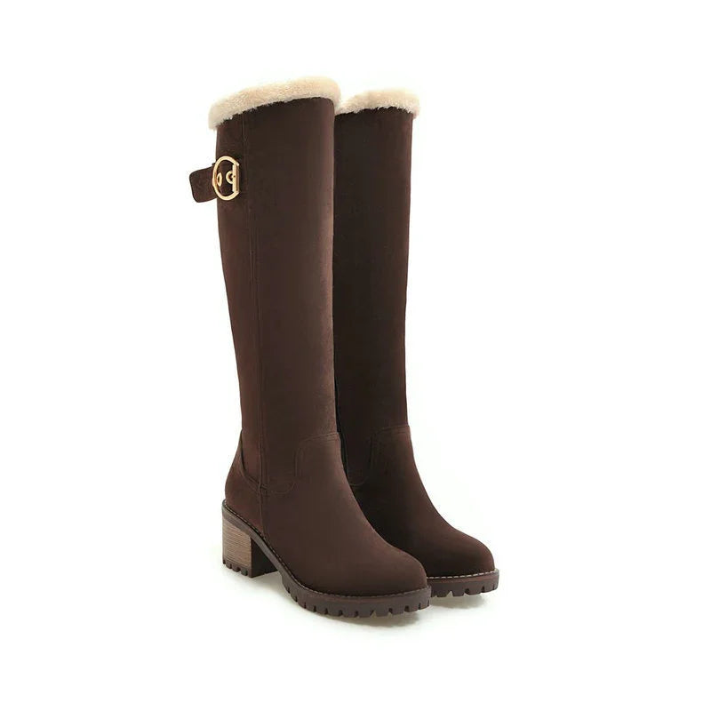 Brown knee-high winter boots with faux fur lining and sturdy block heels