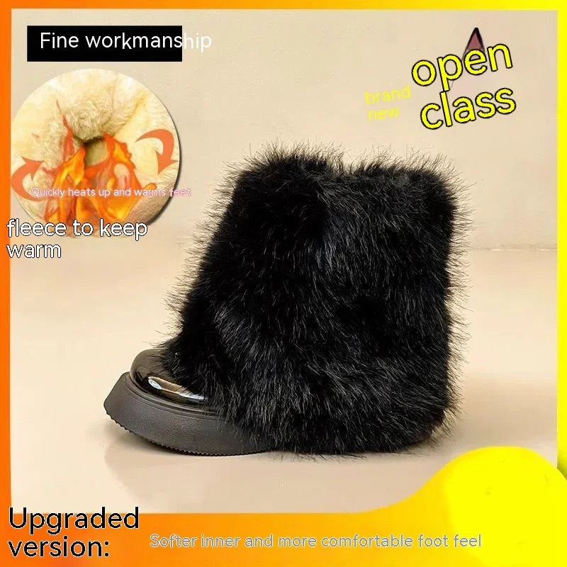 Black furry winter boot with fleece lining for warmth and comfort, featuring upgraded soft inner sole