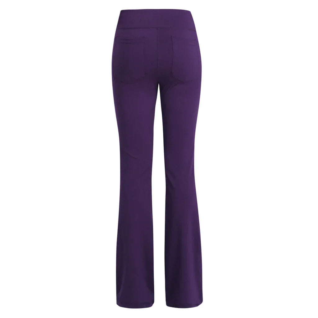 Back view of purple women's flared pants with pockets on white background