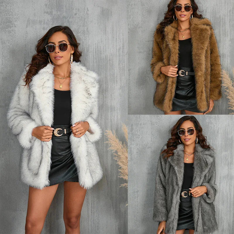 Woman modeling white, brown, and gray faux fur coats with black skirt and sunglasses on gray background