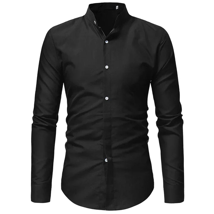 Black long-sleeve slim fit men's dress shirt with mandarin collar and white buttons