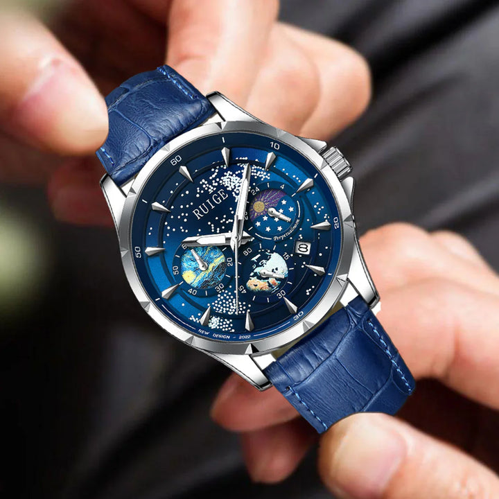 Close-up of luxury RUIGE wristwatch with blue leather strap and celestial-themed blue dial