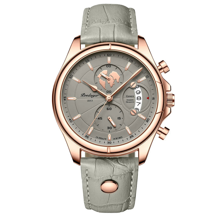 Poedagar 1853 rose gold watch with gray dial, world map subdial, date display, and gray leather strap