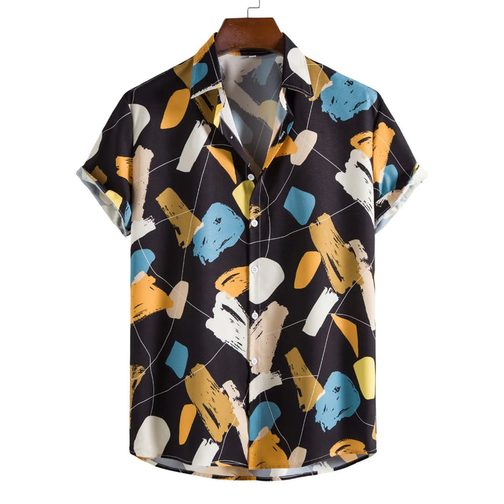 Black short-sleeve button-up shirt with abstract blue, yellow, and beige brushstroke print
