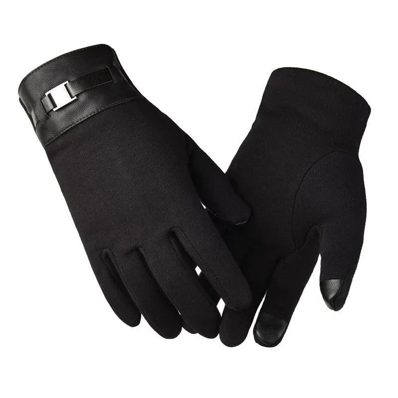 Pair of black winter gloves with leather strap detail and touchscreen-compatible fingertips