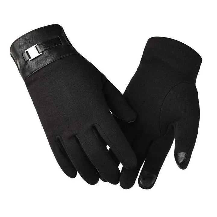 Pair of black winter gloves with leather strap detail and touchscreen-compatible fingertips