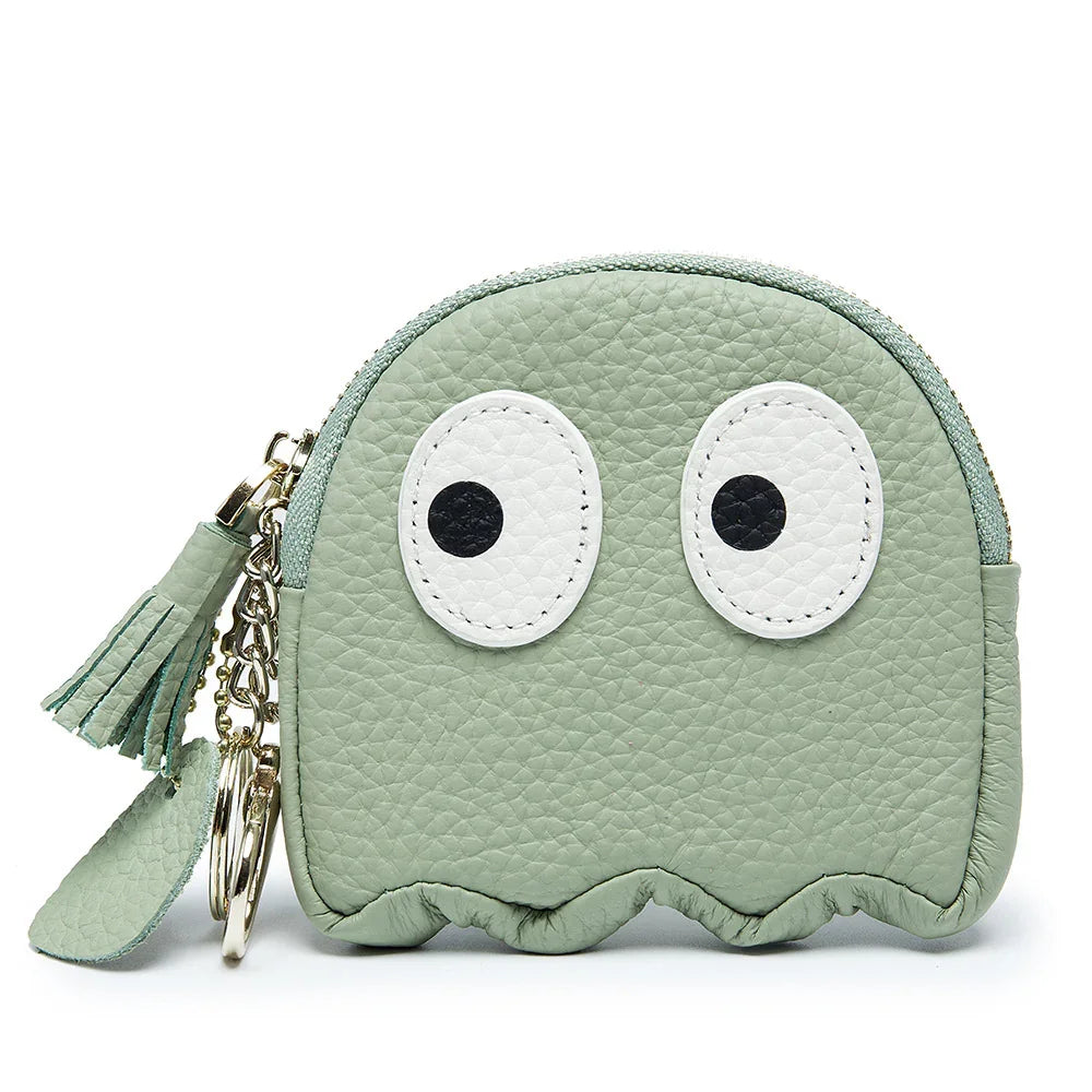 Small mint green leather coin purse shaped like a cartoon ghost with big white eyes and keychain tassel