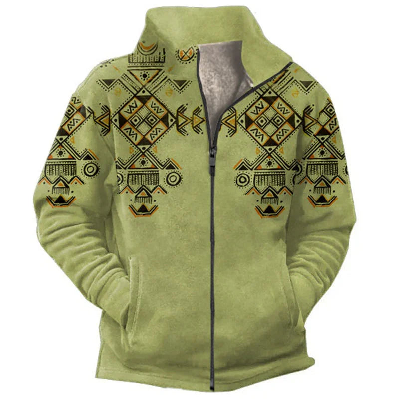 Light green fleece jacket with tribal geometric pattern in black and orange, front zipper and pockets