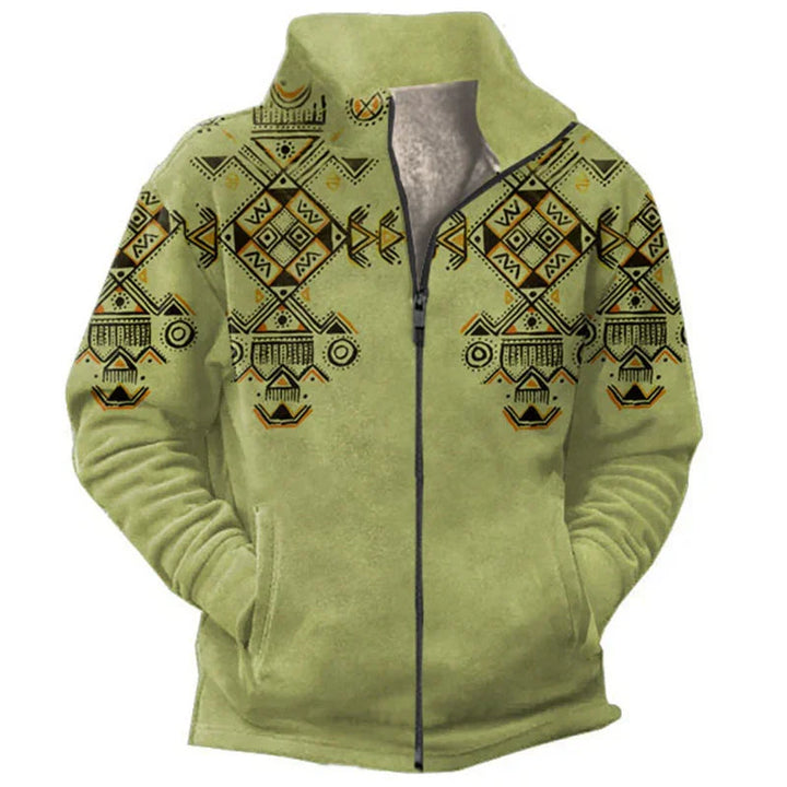 Light green fleece jacket with tribal geometric pattern in black and orange, front zipper and pockets