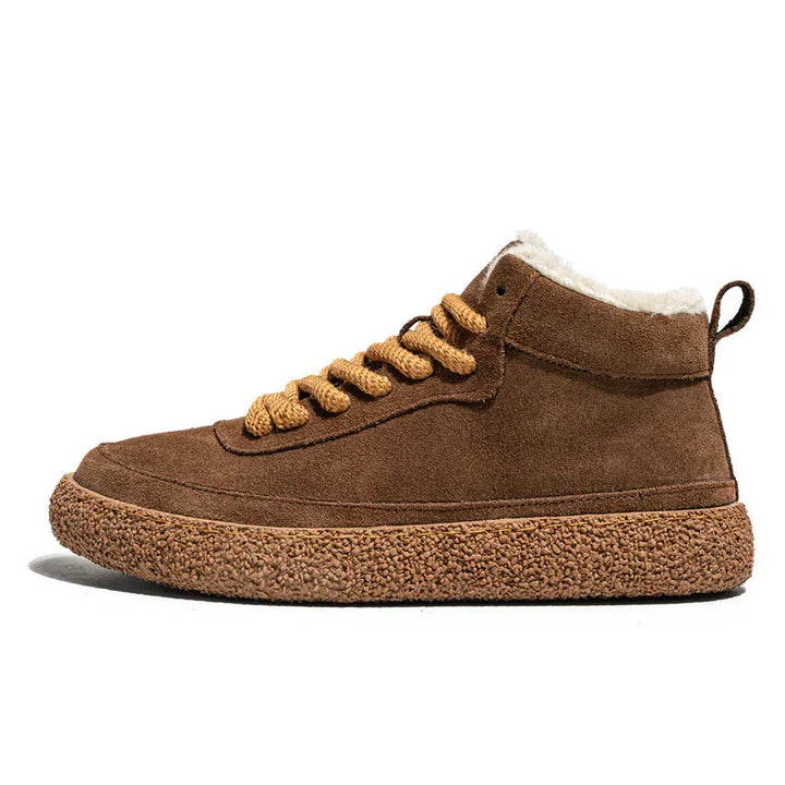 Brown suede high-top sneaker with textured sole and warm fleece lining