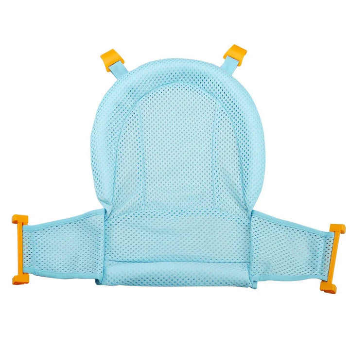Light blue breathable mesh baby bath seat with orange plastic clips for secure fitting
