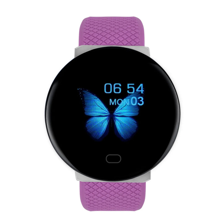 Round smartwatch with pink textured silicone band and blue butterfly digital display showing time and date