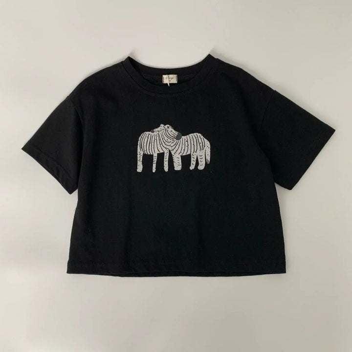 Black short-sleeve t-shirt with two white zebras embracing graphic print on front