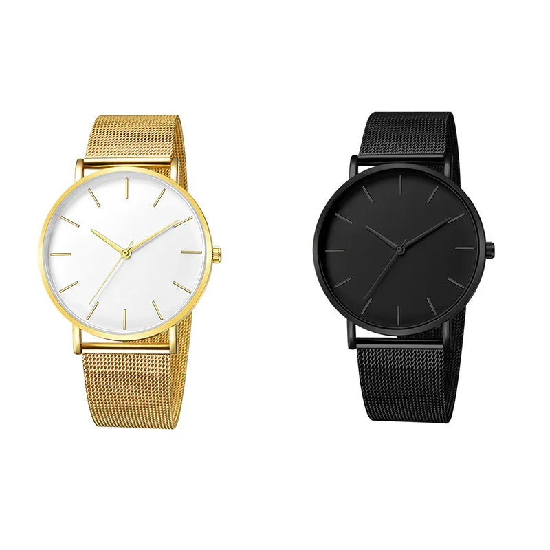 Minimalist gold and black mesh band wristwatches with simple round faces and stick hour markers