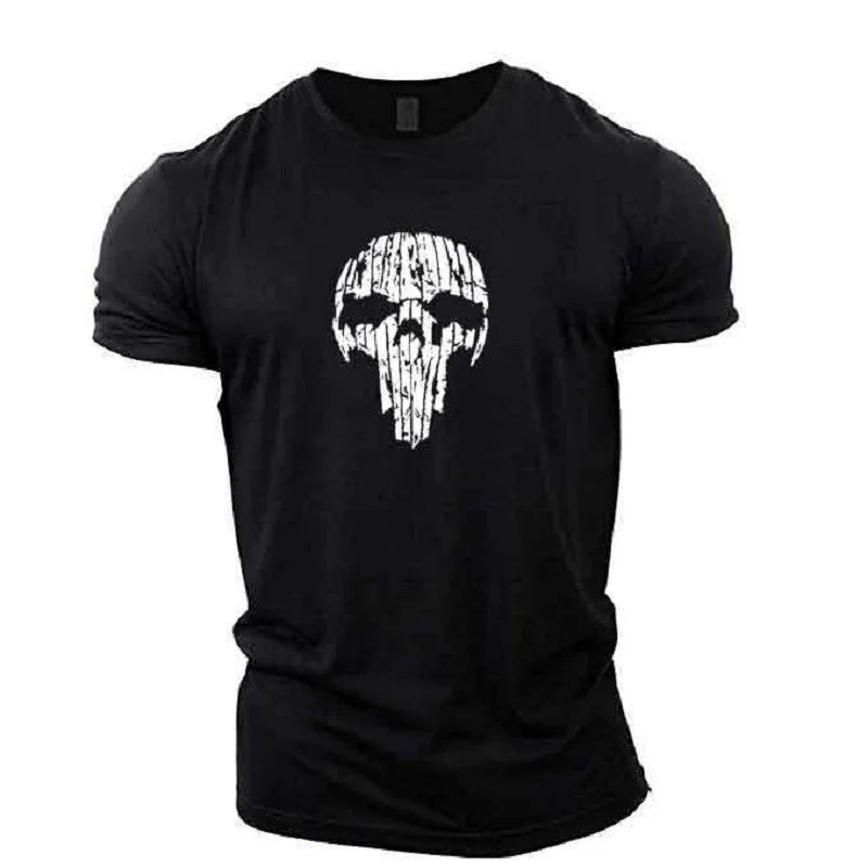 Black t-shirt with white distressed skull graphic on front, short sleeves, casual men's fit