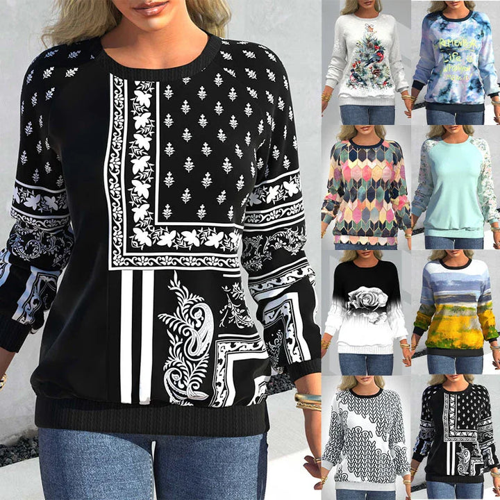 Women's long sleeve casual tops with various colorful patterns including black and white paisley design