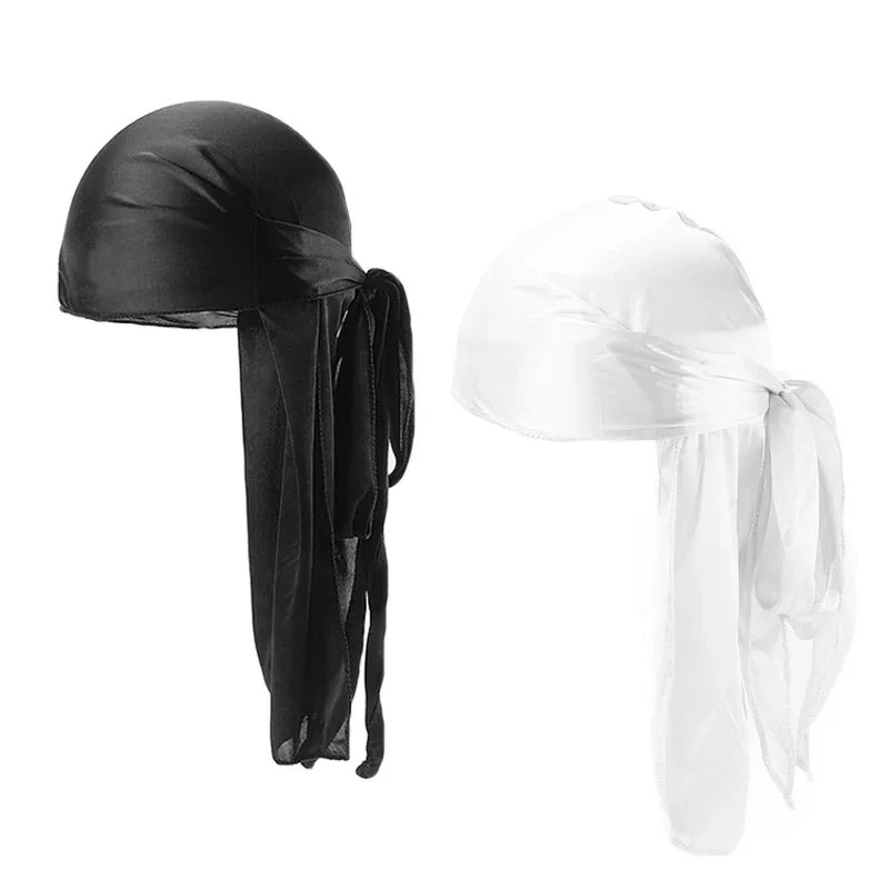 Black and white satin durag set with long tail ties for stylish headwear
