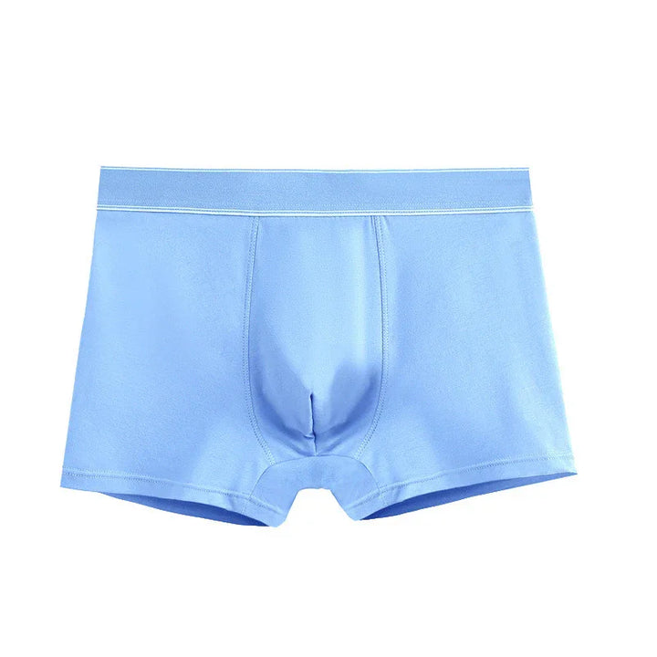 Light blue men's boxer briefs with supportive pouch and elastic waistband, isolated on white