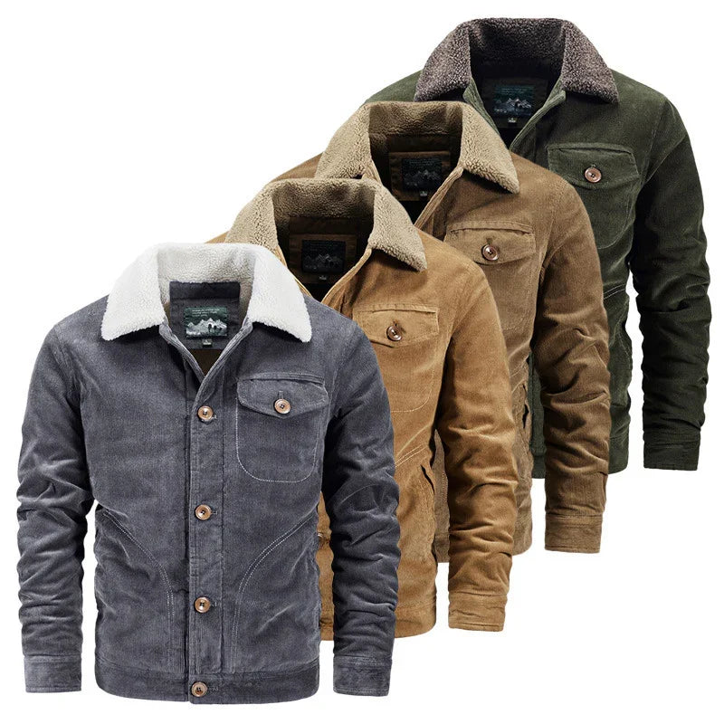Men's corduroy jackets in gray, brown, light brown, and green with sherpa fleece collars and button closures