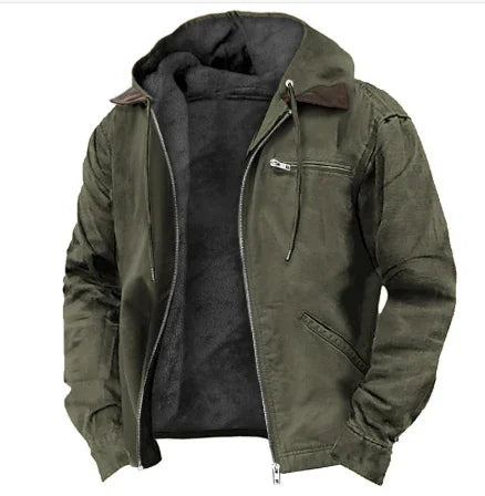 Men's olive green hooded jacket with soft black fleece lining and front zipper pockets