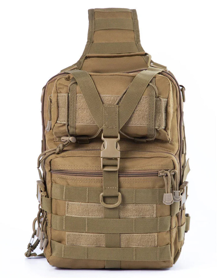 Tan tactical military backpack with multiple zippered pockets, MOLLE webbing, and adjustable straps