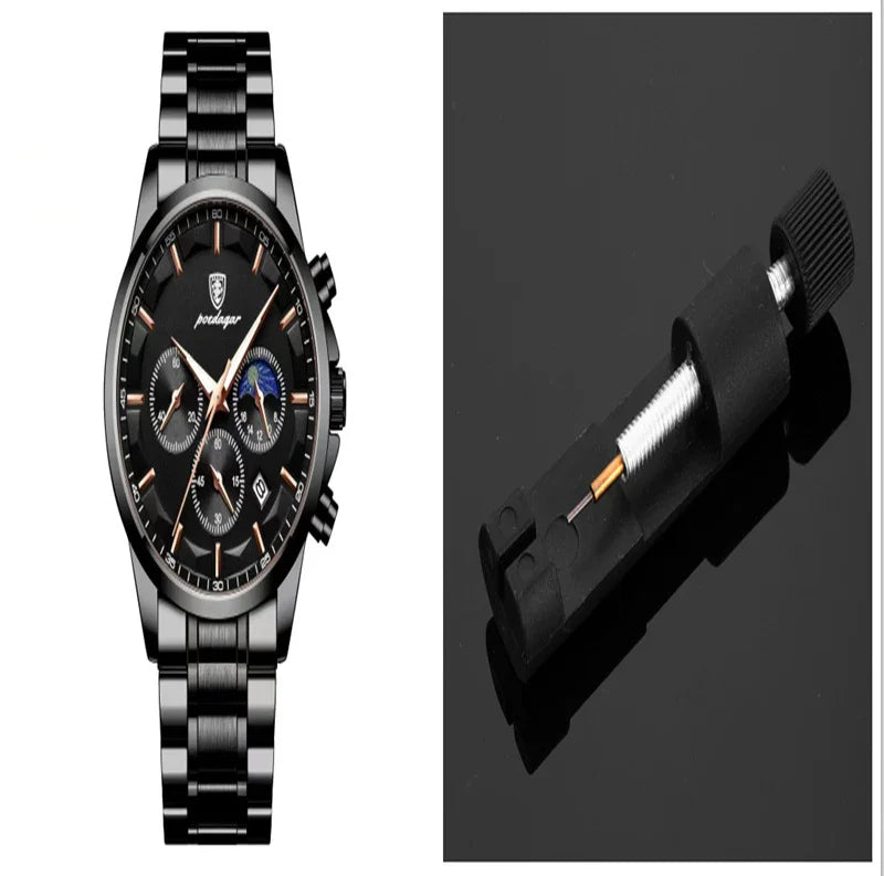 Black stainless steel chronograph wristwatch with multiple dials and a date display next to a watch hand remover tool