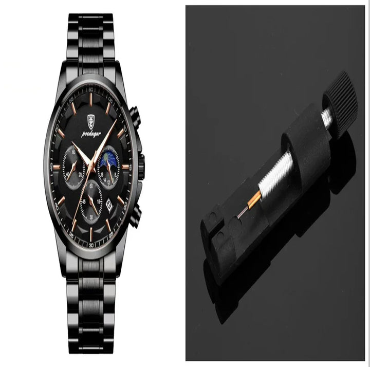 Black stainless steel chronograph wristwatch with multiple dials and a date display next to a watch hand remover tool