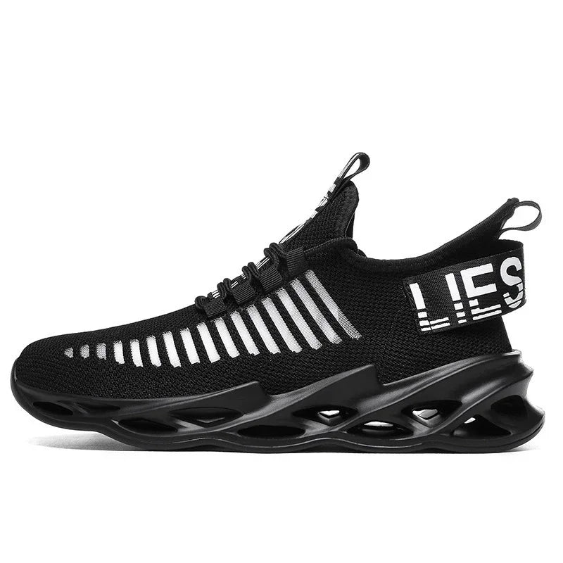 Black breathable mesh sneaker with white striped design and hollow black sole