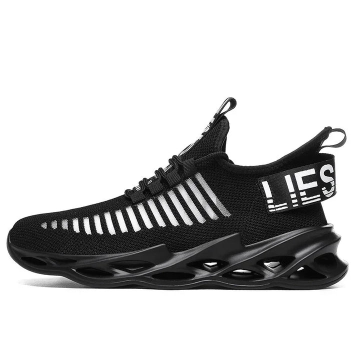 Black breathable mesh sneaker with white striped design and hollow black sole