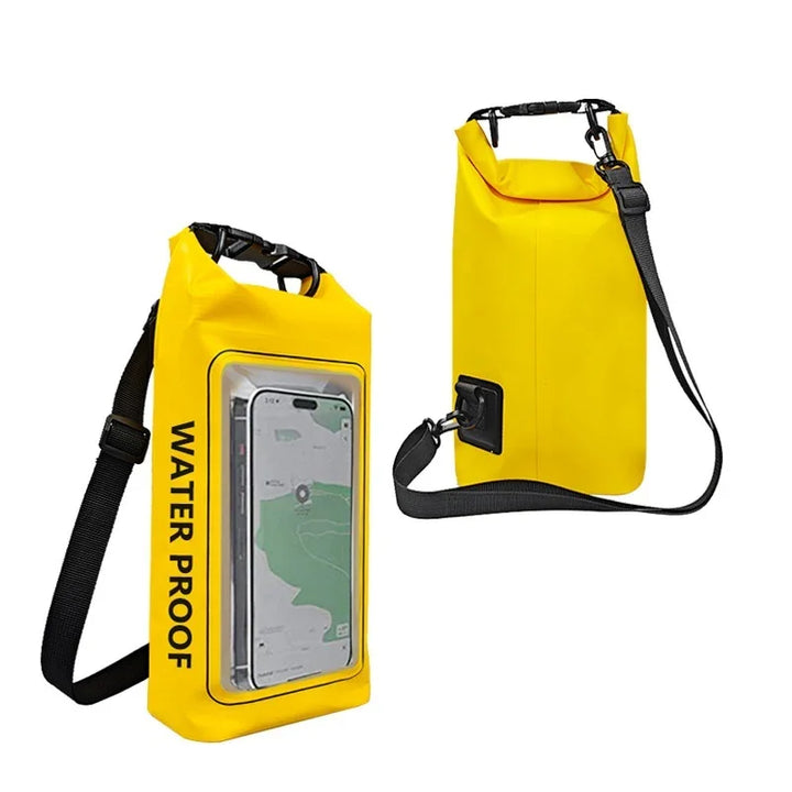 Yellow waterproof dry bag with shoulder strap and phone holder window