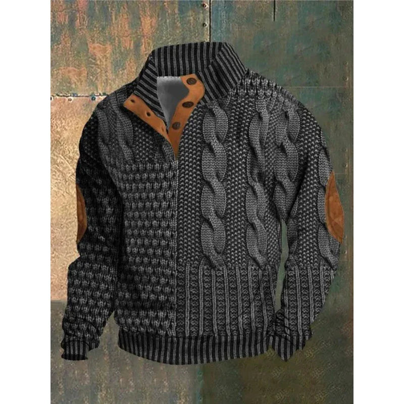 Dark gray knitted sweater with cable patterns, brown buttoned collar, and brown elbow patches