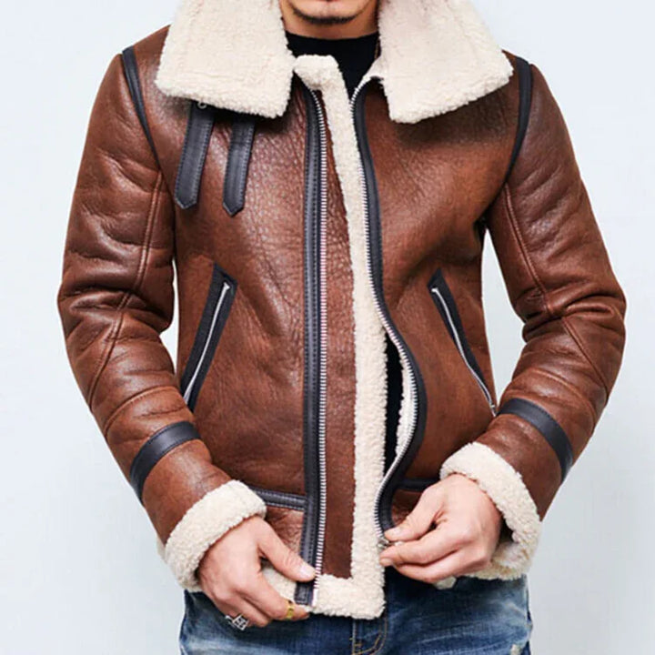 Men's brown leather shearling jacket with white fleece collar and cuffs, casual winter fashion