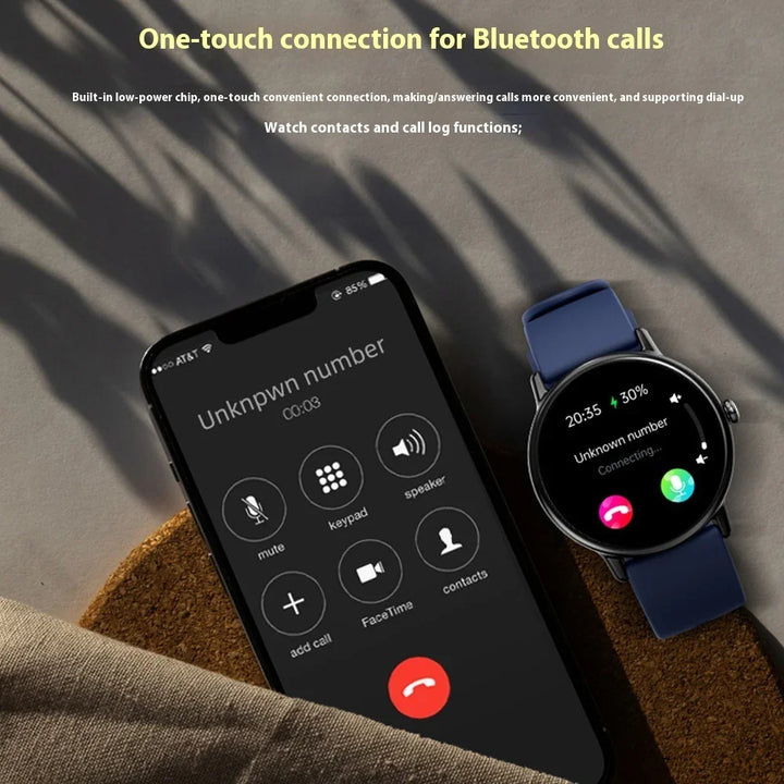 Smartwatch and smartphone showing Bluetooth call interface with unknown number and call controls