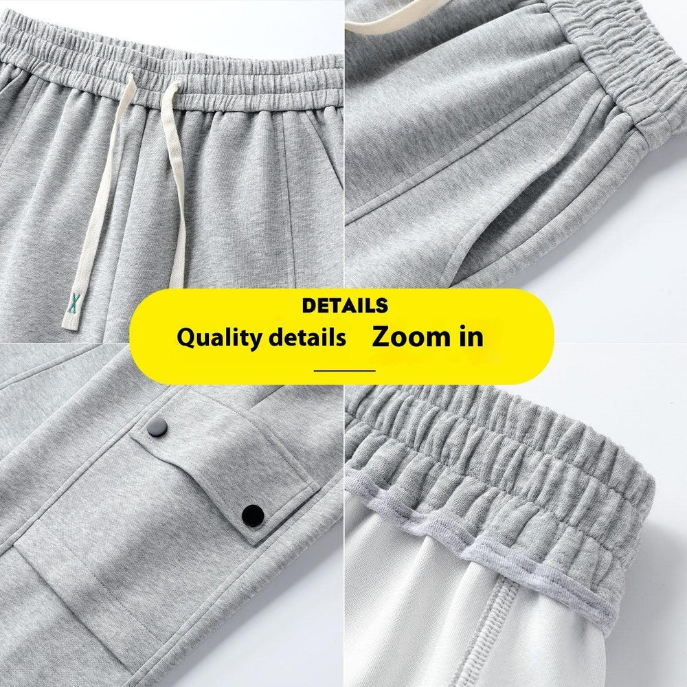Close-up details of grey sweatpants showing elastic waistband, drawstring, side pockets, and buttoned cargo pocket