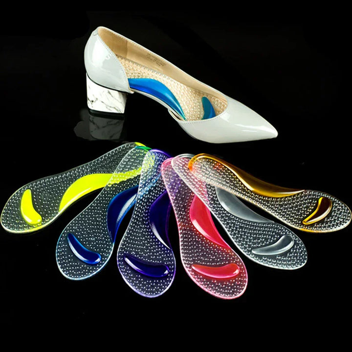 White patent leather low block heel shoe with marble pattern and colorful gel shoe insoles on black background