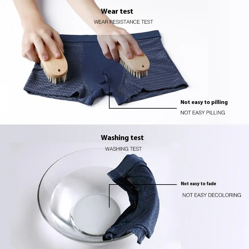 Men's navy breathable mesh boxer briefs undergoing wear test with brushes and washing test in clear bowl