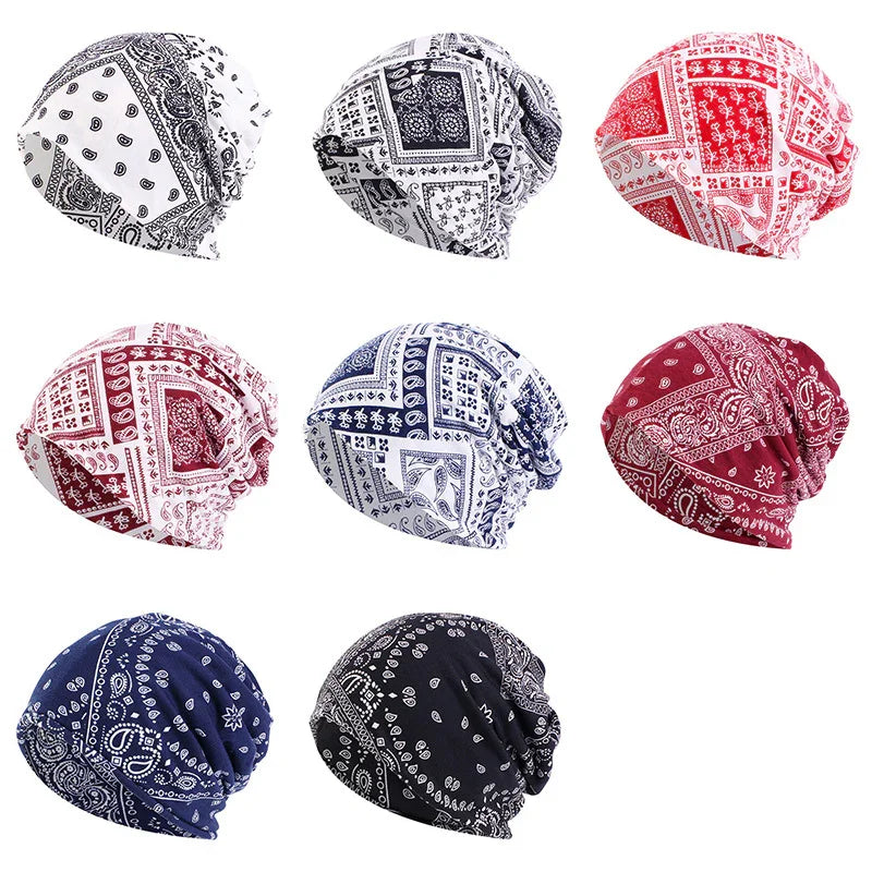 Eight paisley bandana beanies in various colors including white, red, blue, and black displayed on white background