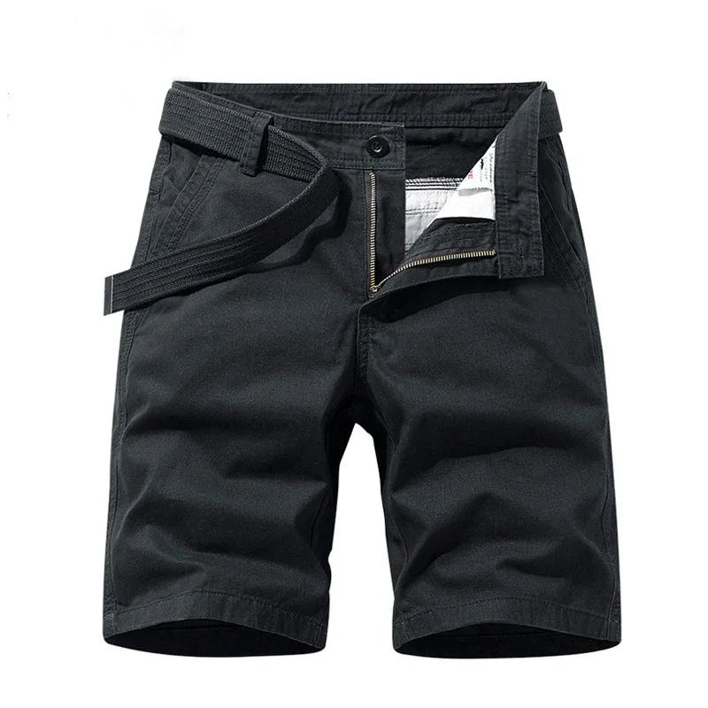 Black casual men's shorts with zipper fly and attached black fabric belt on white background